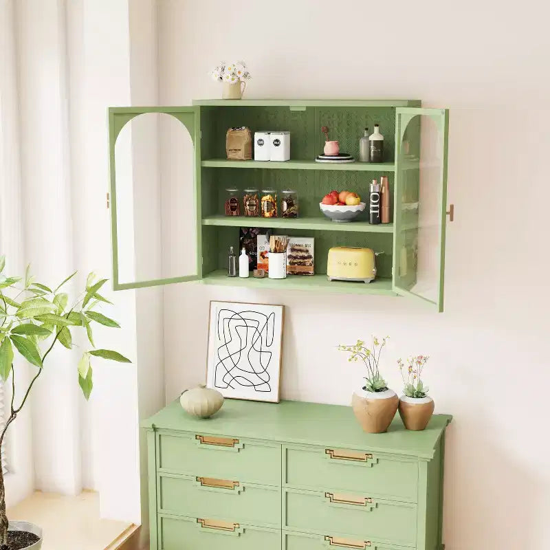 Pensile Okak con motivo intrecciato a 2 ante e 3 ripiani con ante in vetro per ingresso/sala da pranzo/soggiorno/cucina