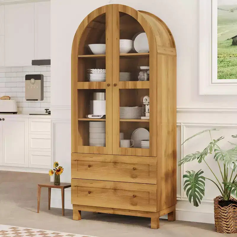 71 Tall Arched Bookshelf, Wooden Bookcase with 2 Drawers, Glass Door and Adjustable Shelf, Modern Display Cabinet for Living Room, Bedroom,office
