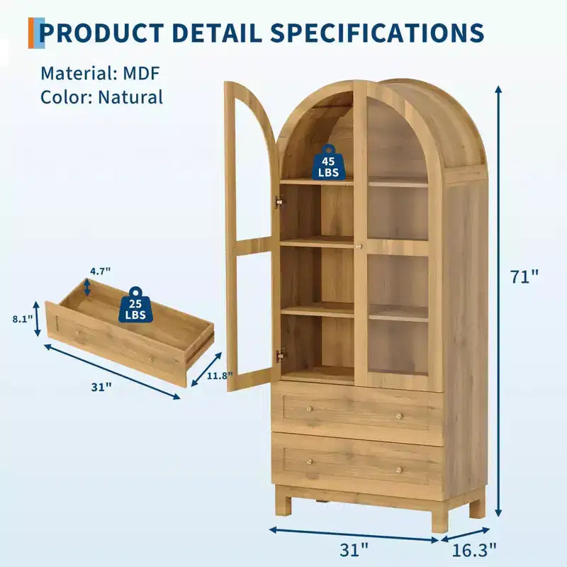 Libreria Alta ad Arco da 180 cm, Libreria in Legno con 2 Cassetti, Anta in Vetro e Ripiano Regolabile, Vetrina Moderna per Soggiorno, Camera da Letto, Ufficio