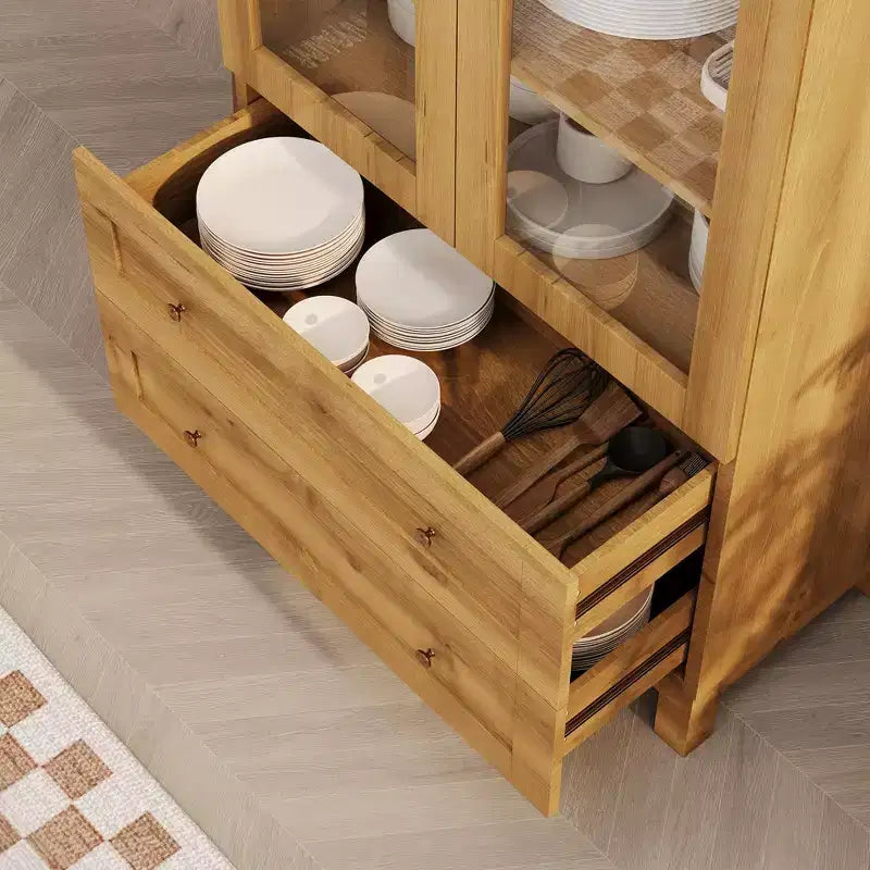 Libreria Alta ad Arco da 180 cm, Libreria in Legno con 2 Cassetti, Anta in Vetro e Ripiano Regolabile, Vetrina Moderna per Soggiorno, Camera da Letto, Ufficio