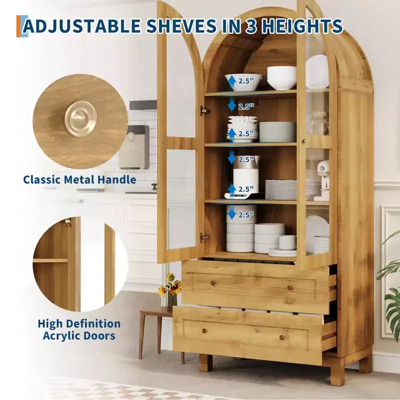 Libreria Alta ad Arco da 180 cm, Libreria in Legno con 2 Cassetti, Anta in Vetro e Ripiano Regolabile, Vetrina Moderna per Soggiorno, Camera da Letto, Ufficio