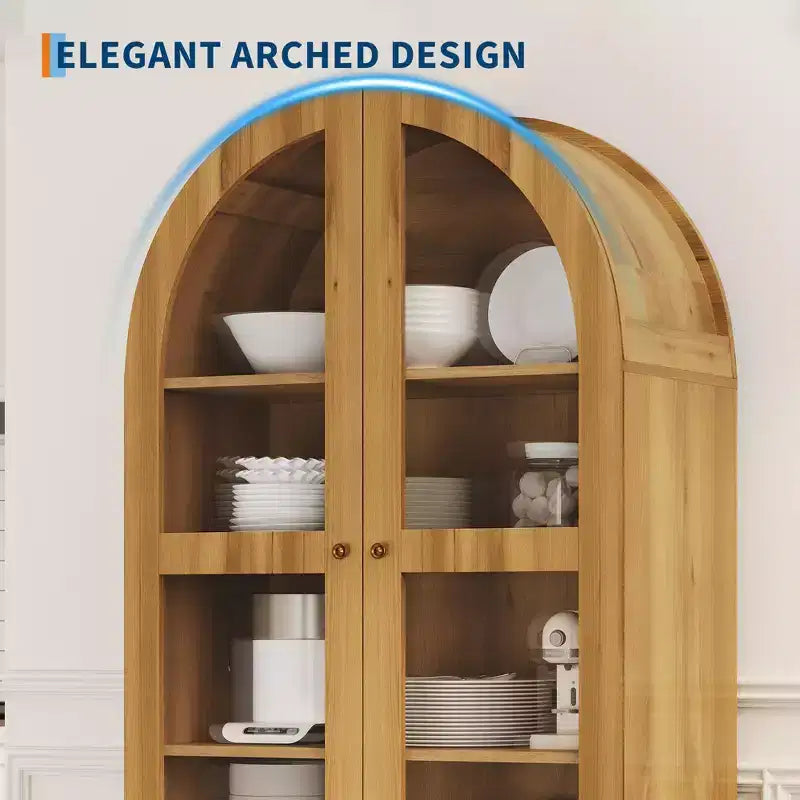Libreria Alta ad Arco da 180 cm, Libreria in Legno con 2 Cassetti, Anta in Vetro e Ripiano Regolabile, Vetrina Moderna per Soggiorno, Camera da Letto, Ufficio