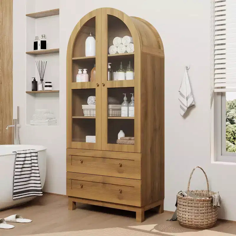 Libreria Alta ad Arco da 180 cm, Libreria in Legno con 2 Cassetti, Anta in Vetro e Ripiano Regolabile, Vetrina Moderna per Soggiorno, Camera da Letto, Ufficio