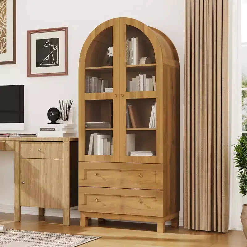 Libreria Alta ad Arco da 180 cm, Libreria in Legno con 2 Cassetti, Anta in Vetro e Ripiano Regolabile, Vetrina Moderna per Soggiorno, Camera da Letto, Ufficio