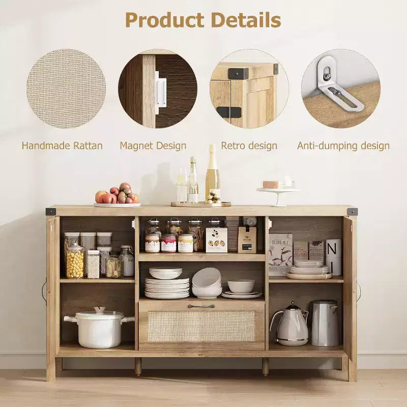 59.1'' Mobile buffet in rattan, Credenza da cucina e caffetteria con ante e cassetto, Madia boho con ripiani regolabili e maniglia per soggiorno