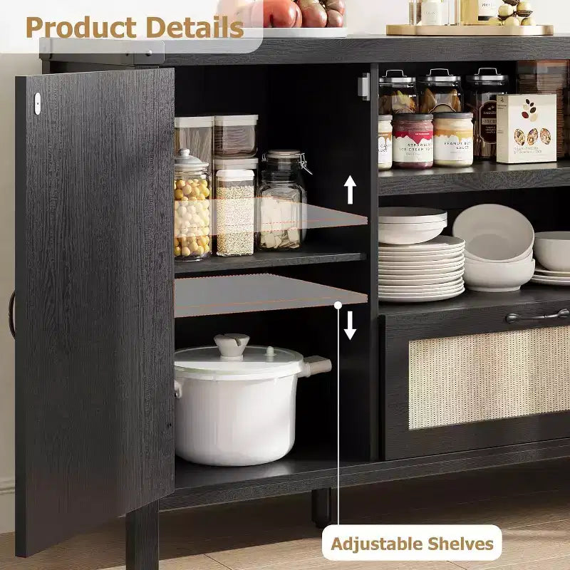 59.1'' Mobile buffet in rattan, Credenza da cucina e caffetteria con ante e cassetto, Madia boho con ripiani regolabili e maniglia per soggiorno