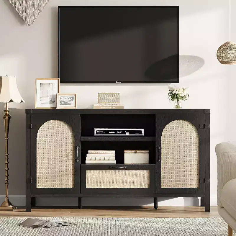 59.1'' Mobile buffet in rattan, Credenza da cucina e caffetteria con ante e cassetto, Madia boho con ripiani regolabili e maniglia per soggiorno