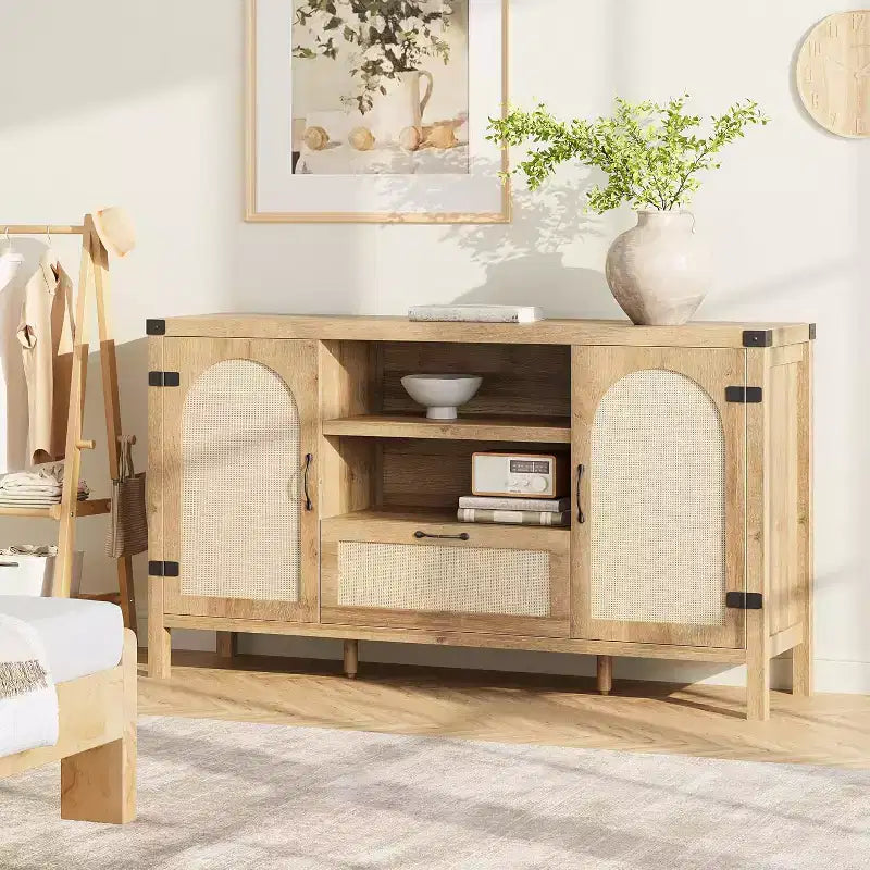 59.1'' Mobile buffet in rattan, Credenza da cucina e caffetteria con ante e cassetto, Madia boho con ripiani regolabili e maniglia per soggiorno