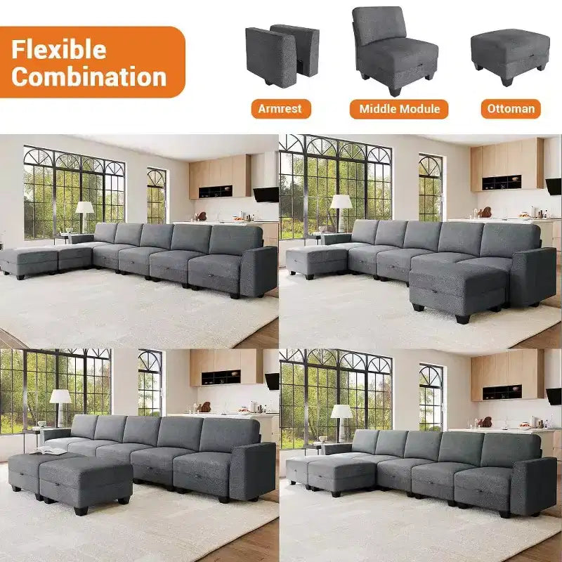 Divano componibile modulare 140 con pouf contenitore, divano letto convertibile a U, divano a L moderno in velluto a coste a 7 posti (grigio-lino)