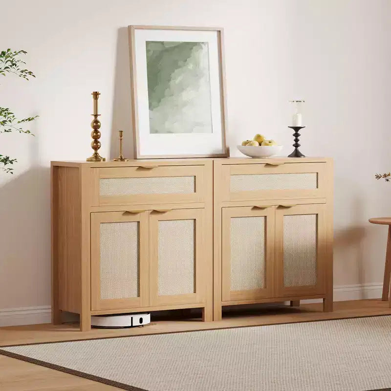 Credenza moderna in rattan con ante, mobile bohémien stretto con credenza, mobile contenitore e tavolino da caffè
