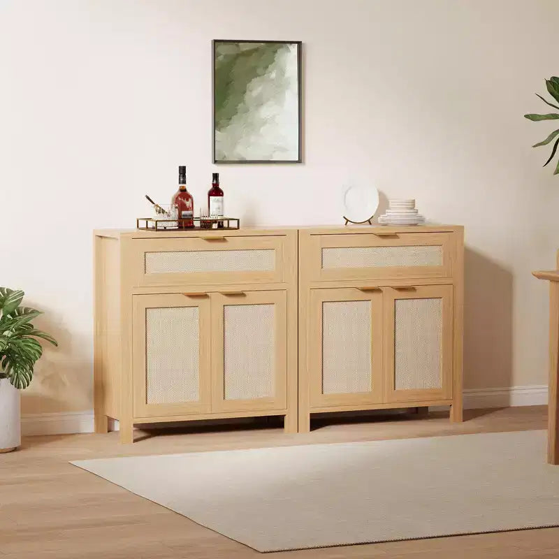 Credenza moderna in rattan con ante, mobile bohémien stretto con credenza, mobile contenitore e tavolino da caffè
