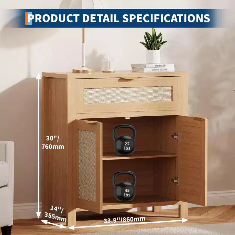 Credenza moderna in rattan con ante, mobile bohémien stretto con credenza, mobile contenitore e tavolino da caffè