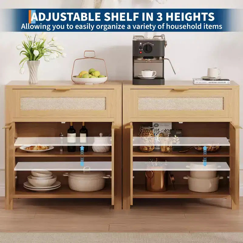 Credenza moderna in rattan con ante, mobile bohémien stretto con credenza, mobile contenitore e tavolino da caffè