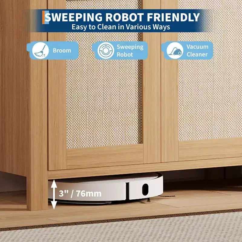 Credenza moderna in rattan con ante, mobile bohémien stretto con credenza, mobile contenitore e tavolino da caffè