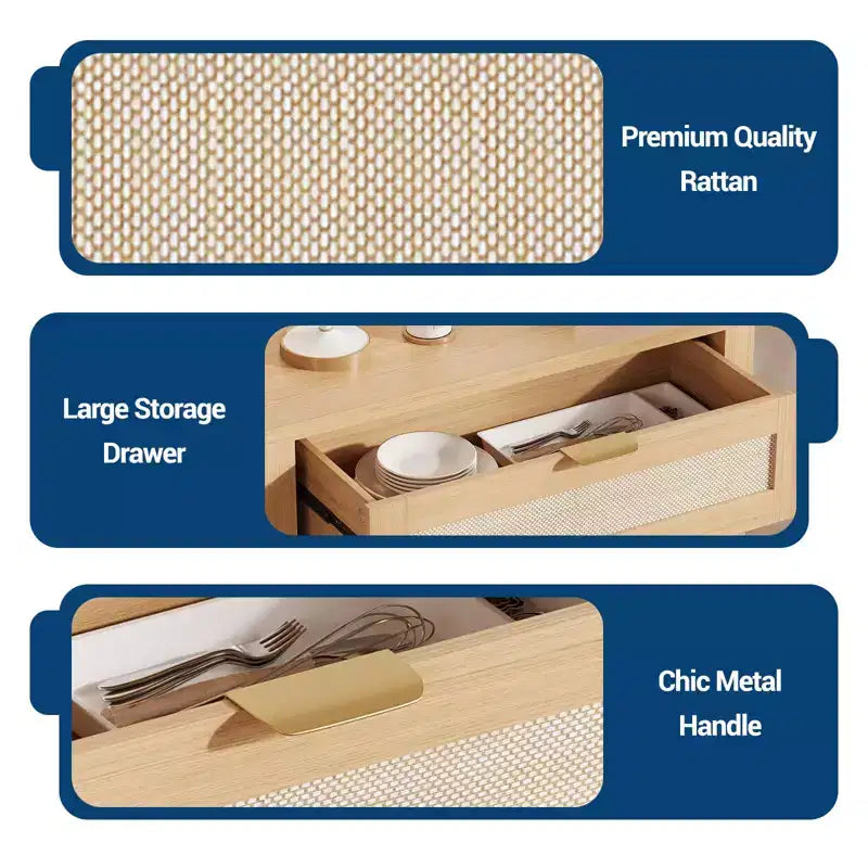 Credenza moderna in rattan con ante, mobile bohémien stretto con credenza, mobile contenitore e tavolino da caffè