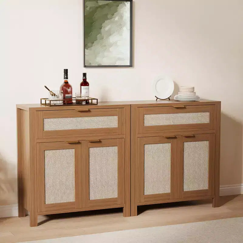 Credenza moderna in rattan con ante, mobile bohémien stretto con credenza, mobile contenitore e tavolino da caffè