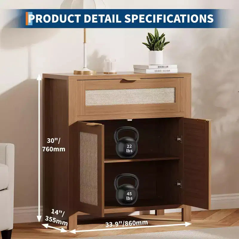 Credenza moderna in rattan con ante, mobile bohémien stretto con credenza, mobile contenitore e tavolino da caffè