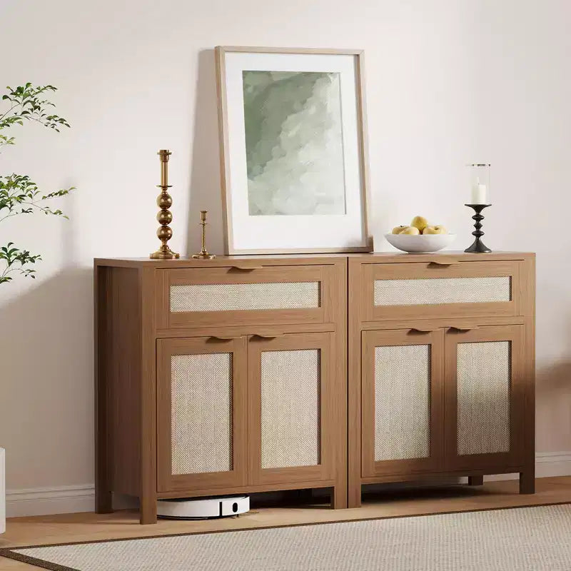Credenza moderna in rattan con ante, mobile bohémien stretto con credenza, mobile contenitore e tavolino da caffè