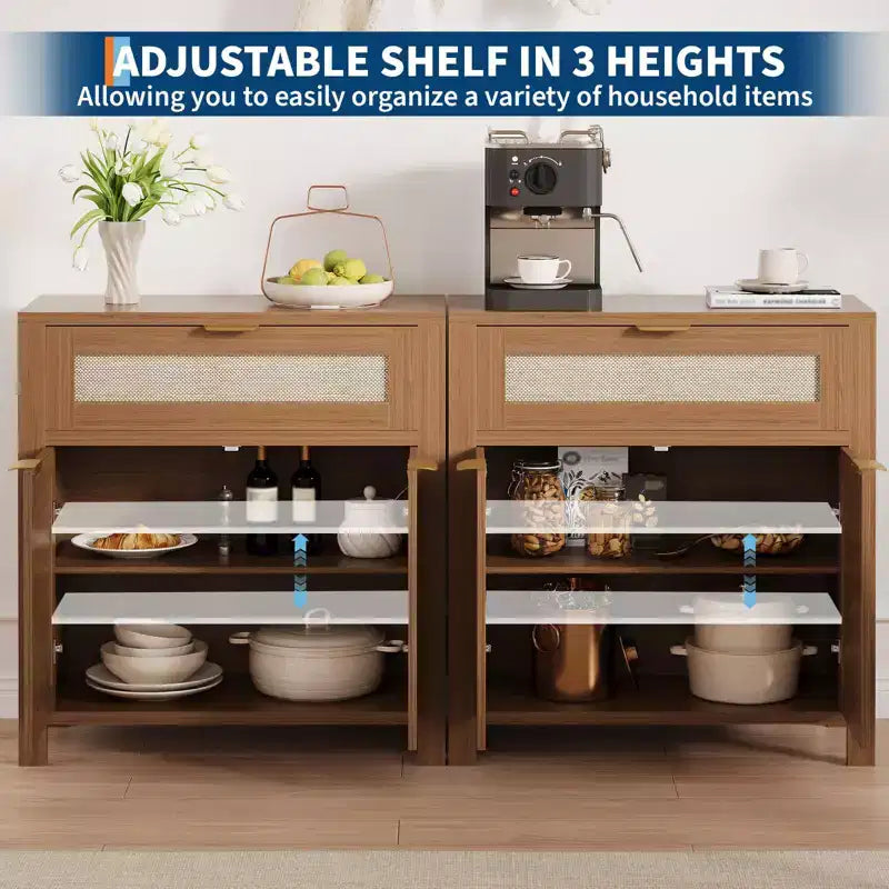 Credenza moderna in rattan con ante, mobile bohémien stretto con credenza, mobile contenitore e tavolino da caffè