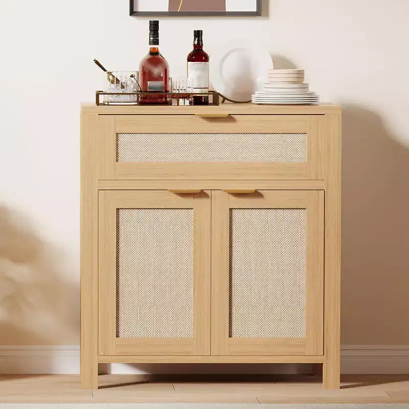 Credenza moderna in rattan con ante, mobile bohémien stretto con credenza, mobile contenitore e tavolino da caffè