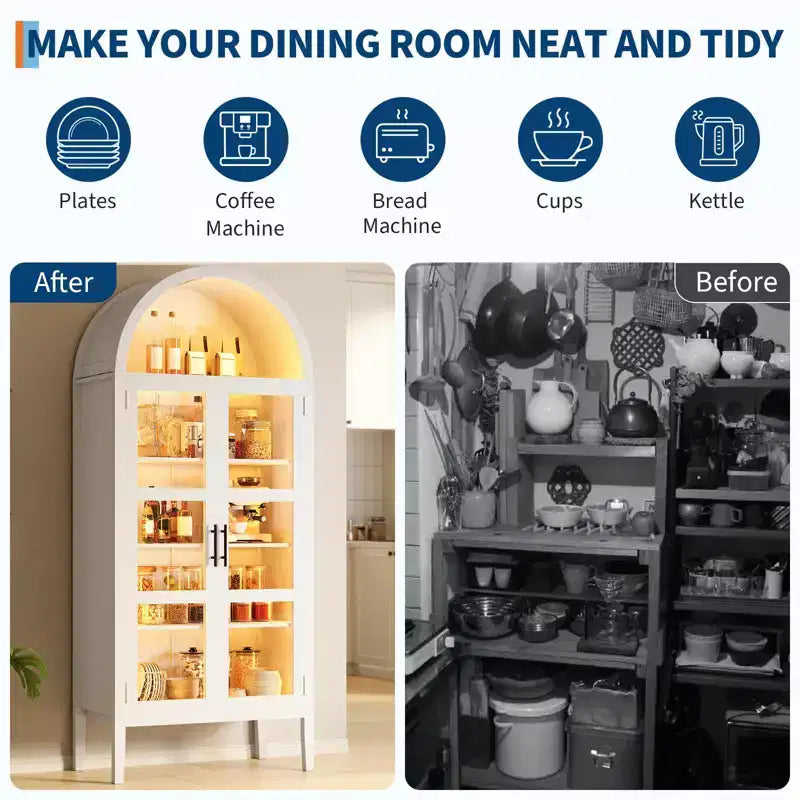 70 Mobile dispensa alto ad arco con luci a LED, libreria ad arco con ante in vetro e ripiani regolabili, per cucina, sala da pranzo, soggiorno