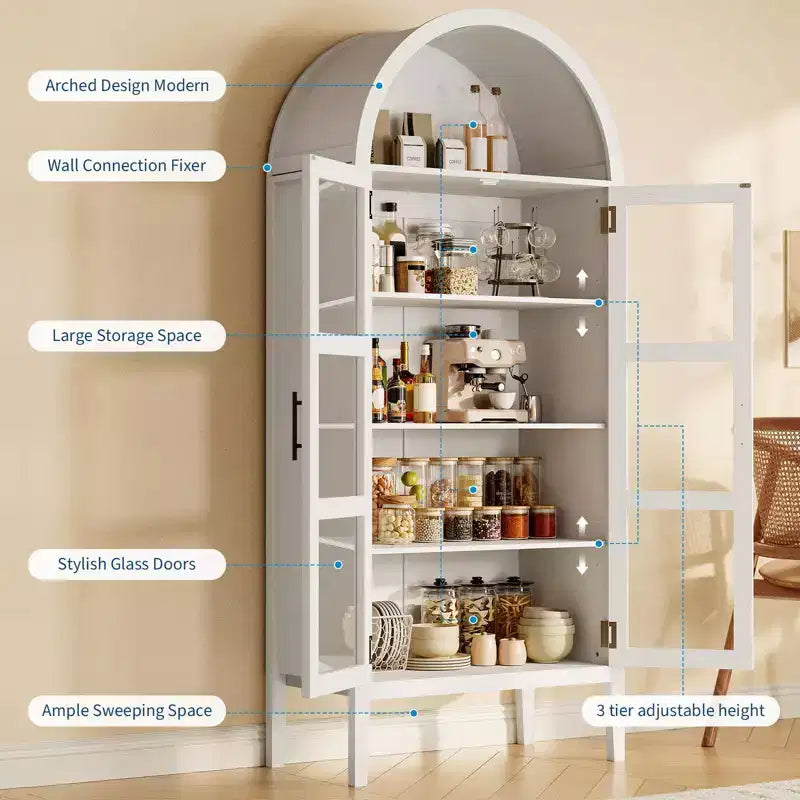 70 Mobile dispensa alto ad arco con luci a LED, libreria ad arco con ante in vetro e ripiani regolabili, per cucina, sala da pranzo, soggiorno