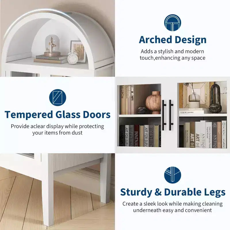 70 Mobile dispensa alto ad arco con luci a LED, libreria ad arco con ante in vetro e ripiani regolabili, per cucina, sala da pranzo, soggiorno