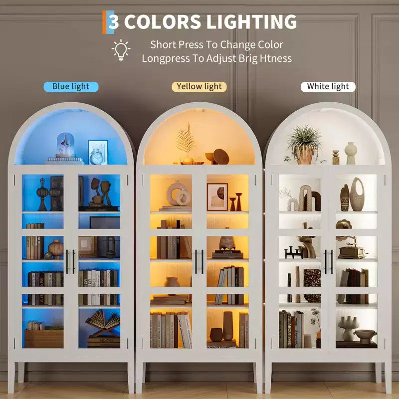 70 Mobile dispensa alto ad arco con luci a LED, libreria ad arco con ante in vetro e ripiani regolabili, per cucina, sala da pranzo, soggiorno