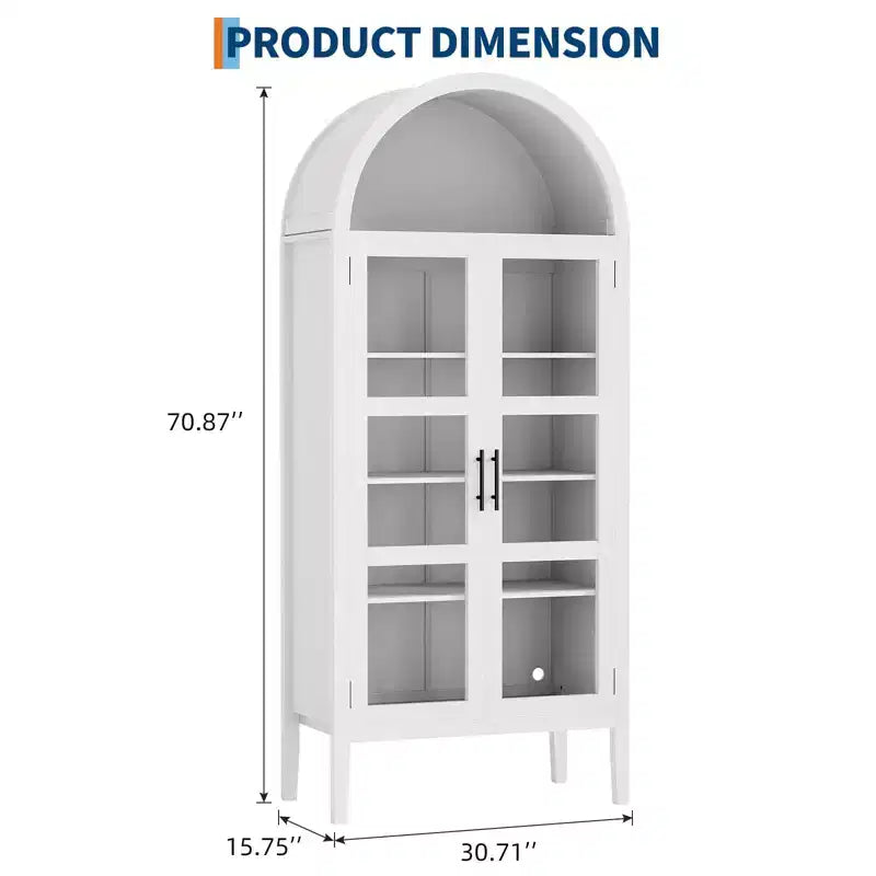 70 Mobile dispensa alto ad arco con luci a LED, libreria ad arco con ante in vetro e ripiani regolabili, per cucina, sala da pranzo, soggiorno