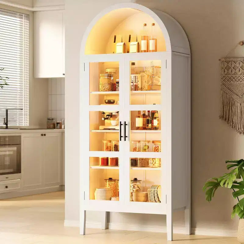 70 Mobile dispensa alto ad arco con luci a LED, libreria ad arco con ante in vetro e ripiani regolabili, per cucina, sala da pranzo, soggiorno