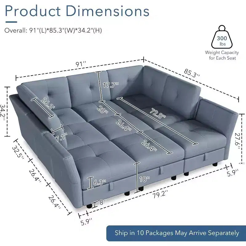 Acekool Divano componibile a U da 143 pollici, divano a 9 posti in velluto blu con pouf contenitore, divano imbottito per soggiorno, mobili per appartamento