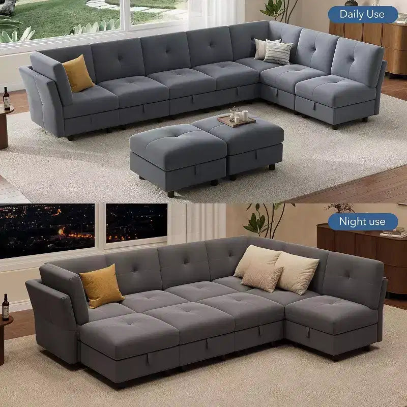 Acekool Divano componibile a U da 143 pollici, divano a 9 posti in velluto blu con pouf contenitore, divano imbottito per soggiorno, mobili per appartamento