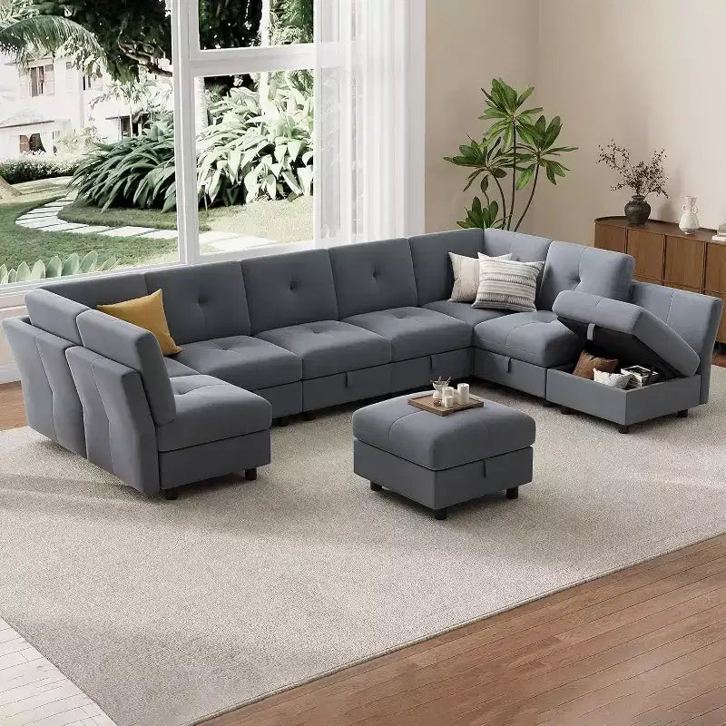 Acekool Divano componibile a U da 143 pollici, divano a 9 posti in velluto blu con pouf contenitore, divano imbottito per soggiorno, mobili per appartamento