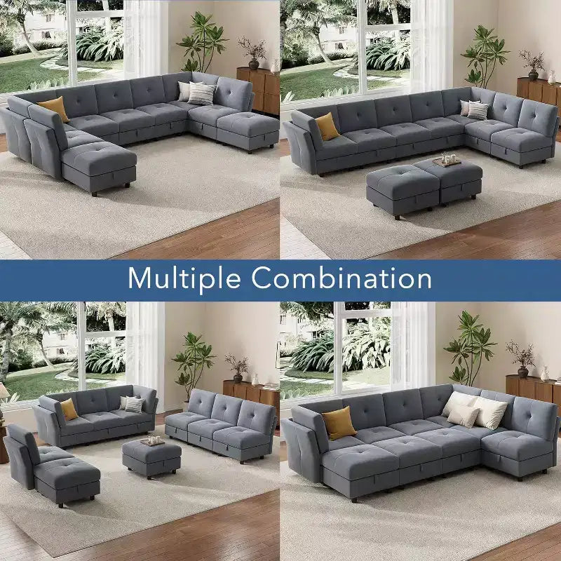 Acekool Divano componibile a U da 143 pollici, divano a 9 posti in velluto blu con pouf contenitore, divano imbottito per soggiorno, mobili per appartamento