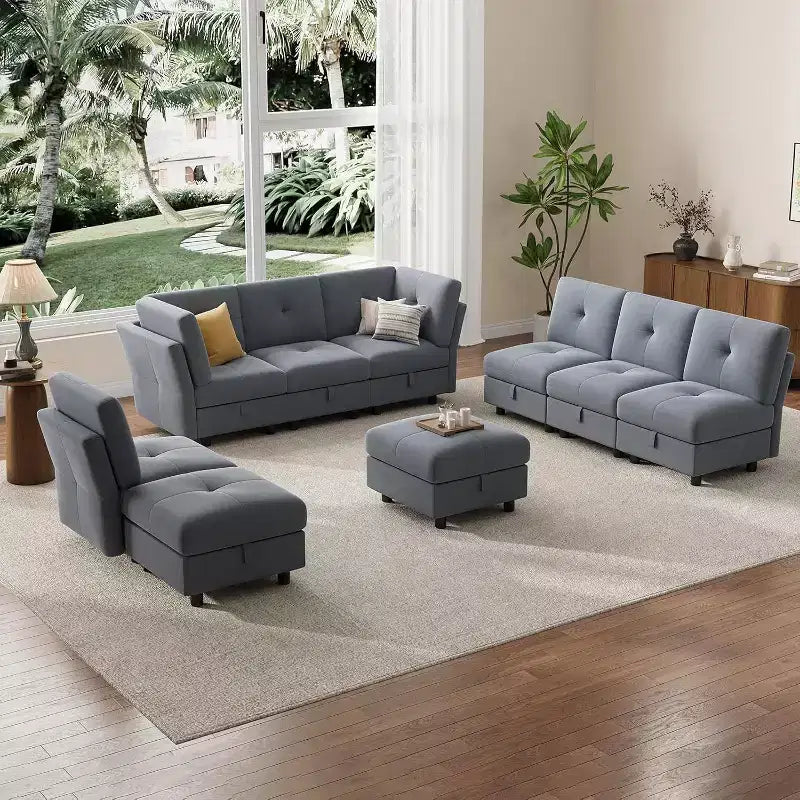 Acekool Divano componibile a U da 143 pollici, divano a 9 posti in velluto blu con pouf contenitore, divano imbottito per soggiorno, mobili per appartamento