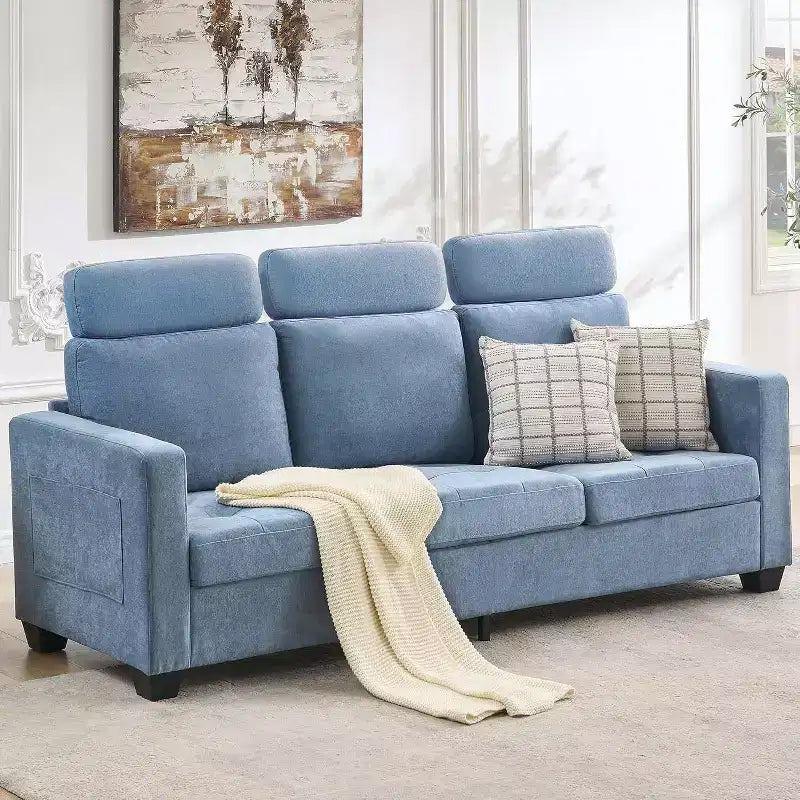 Acekool 3-Seat Chenille Sofa Couch, 89 Inch Upholstered Sofa with Headrest, Wide Armrests & Side Storage Pockets, Blue, Modern Living Room Sofa