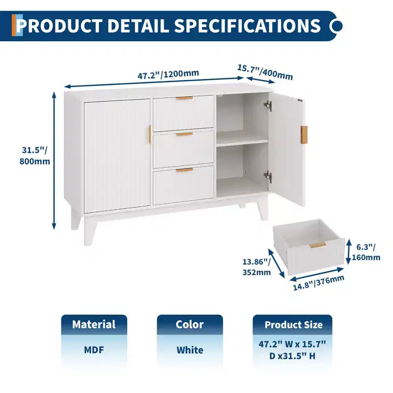 Mobile Contenitore da 47.2" L con 3 Cassetti, Credenza Grande con 2 Ante, Mobile TV Moderno a Metà Termine, Mobile Bar per Soggiorno, Cucina, Ingresso