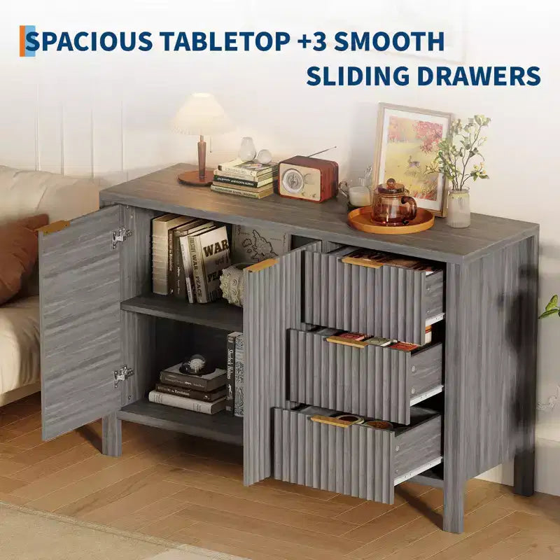 Credenza a buffet scanalata da 120 cm, mobile TV moderno, mobiletto da bar con 3 cassetti e 2 ante, credenza in legno per soggiorno, cucina, ingresso