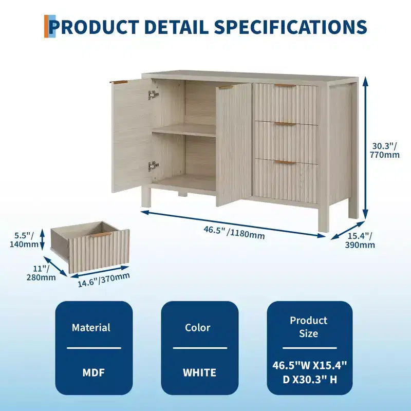 Credenza a buffet scanalata da 120 cm, mobile TV moderno, mobiletto da bar con 3 cassetti e 2 ante, credenza in legno per soggiorno, cucina, ingresso