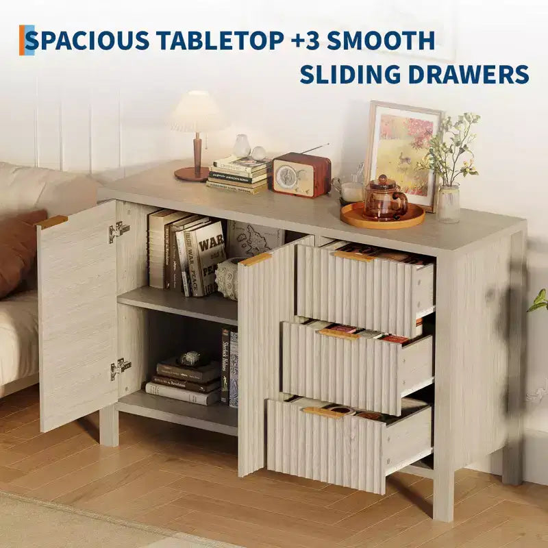 Credenza a buffet scanalata da 120 cm, mobile TV moderno, mobiletto da bar con 3 cassetti e 2 ante, credenza in legno per soggiorno, cucina, ingresso