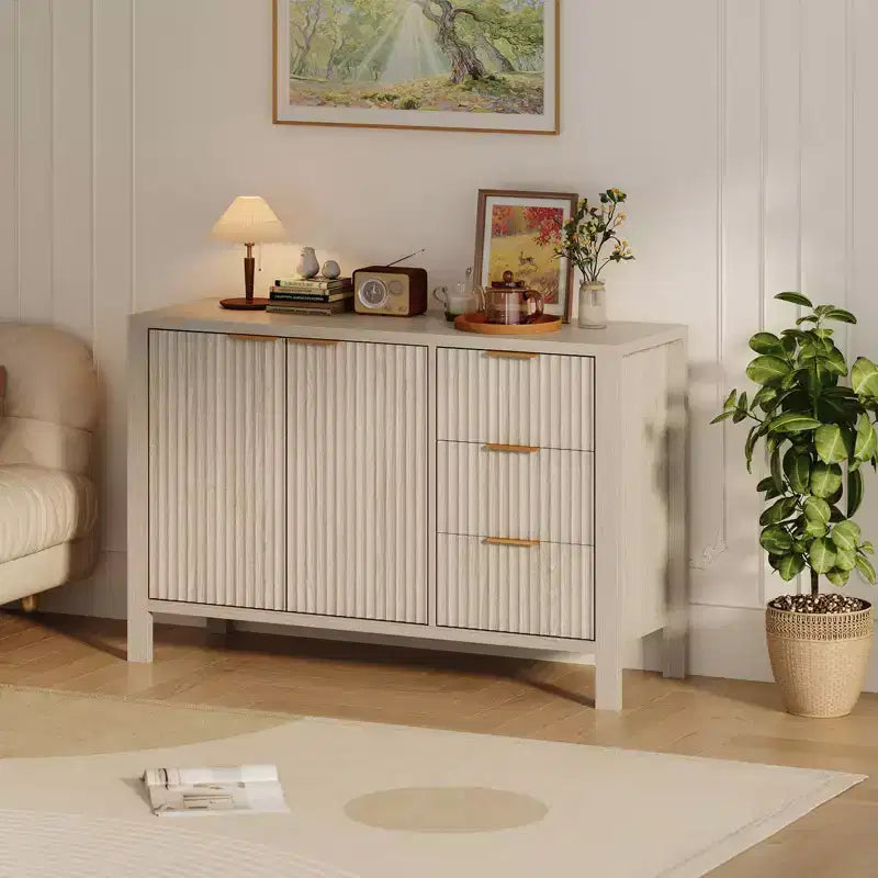 Credenza a buffet scanalata da 120 cm, mobile TV moderno, mobiletto da bar con 3 cassetti e 2 ante, credenza in legno per soggiorno, cucina, ingresso
