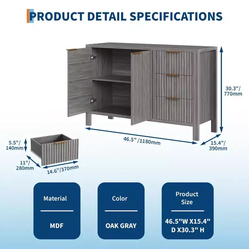 Credenza a buffet scanalata da 120 cm, mobile TV moderno, mobiletto da bar con 3 cassetti e 2 ante, credenza in legno per soggiorno, cucina, ingresso