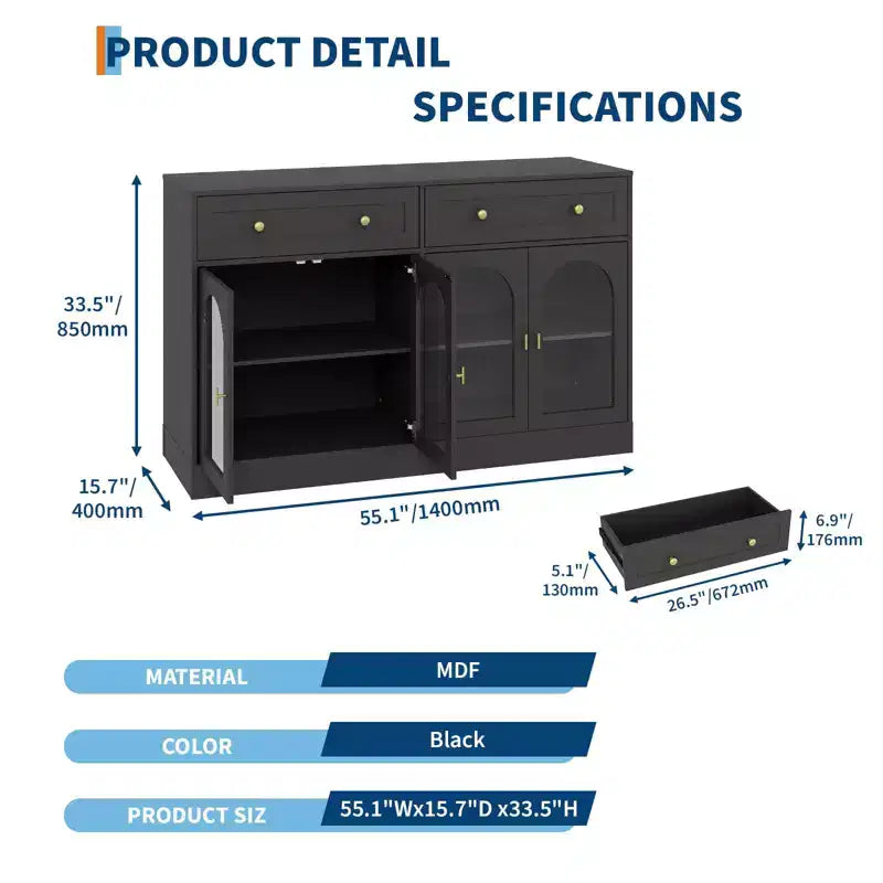 Credenza a buffet da 55 pollici con 4 ante in acrilico e 2 cassetti, mobile da cucina in legno, consolle per soggiorno, sala da pranzo, ingresso