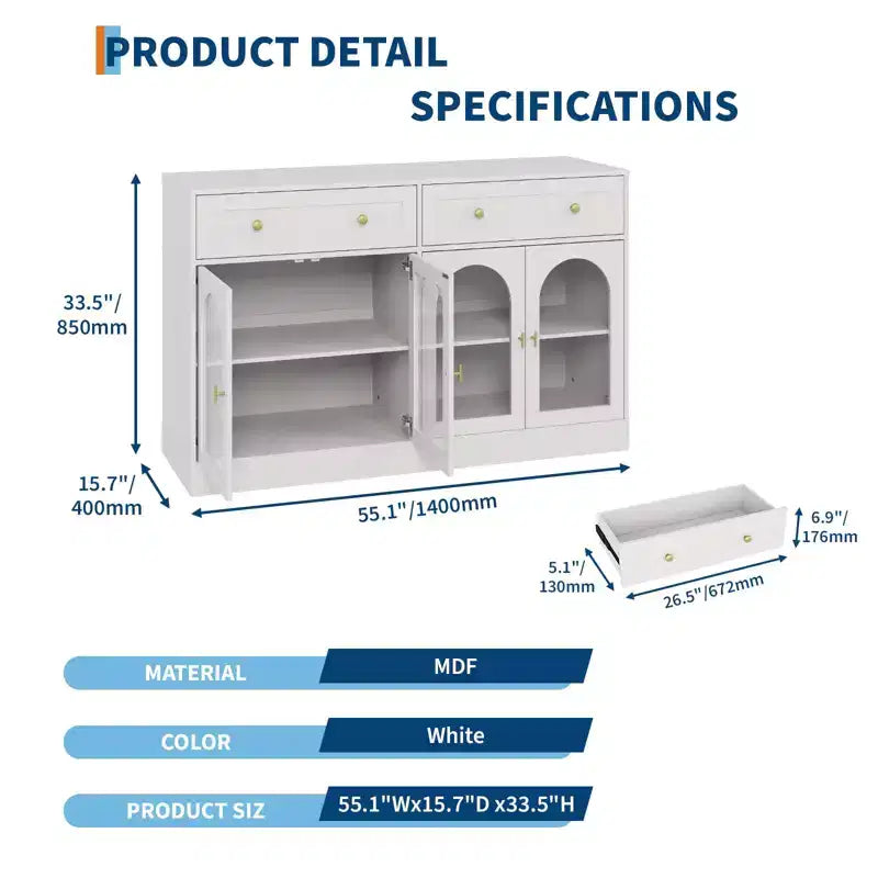 Credenza a buffet da 55 pollici con 4 ante in acrilico e 2 cassetti, mobile da cucina in legno, consolle per soggiorno, sala da pranzo, ingresso