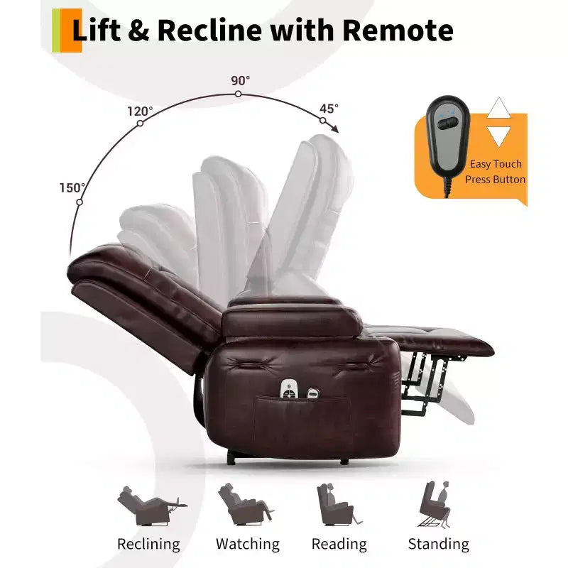 Poltrona reclinabile elettrica oversize con sollevamento assistito, in ecopelle PU con funzione riscaldamento e massaggio, poltrona singola con portabicchieri per camera da letto