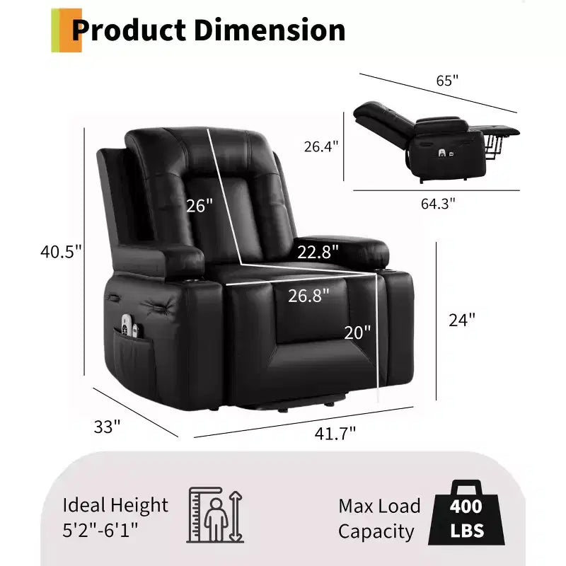 Poltrona reclinabile elettrica oversize con sollevamento assistito, in ecopelle PU con funzione riscaldamento e massaggio, poltrona singola con portabicchieri per camera da letto