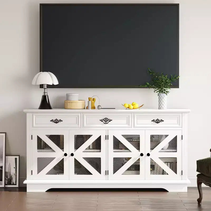 Buffet de salle à manger 70", meuble de bar à café en bois avec 3 tiroirs et 4 portes coulissantes en maille, console d'entrée, buffet de rangement au sol pour cuisine