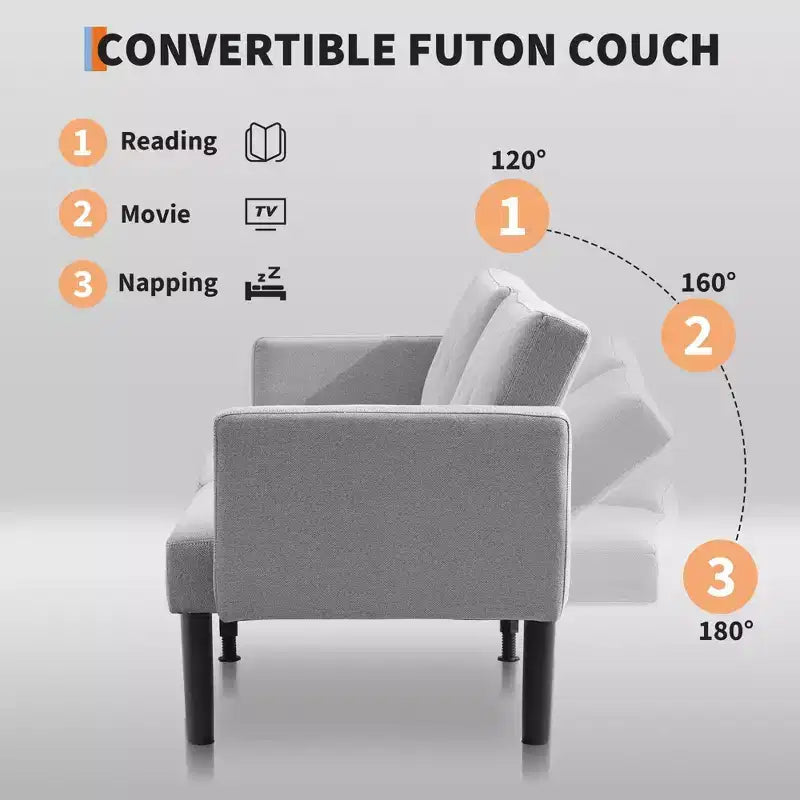Divano futon convertibile moderno da 75'', divano futon imbottito in legno massello, divano a due posti regolabile in tessuto per soggiorno