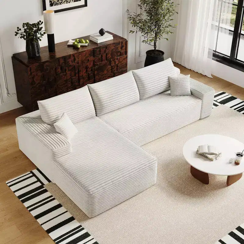 Divano componibile a nuvola da 107 pollici in tessuto di velluto a coste bianco, con chaise longue a L, divano modulare moderno con seduta profonda