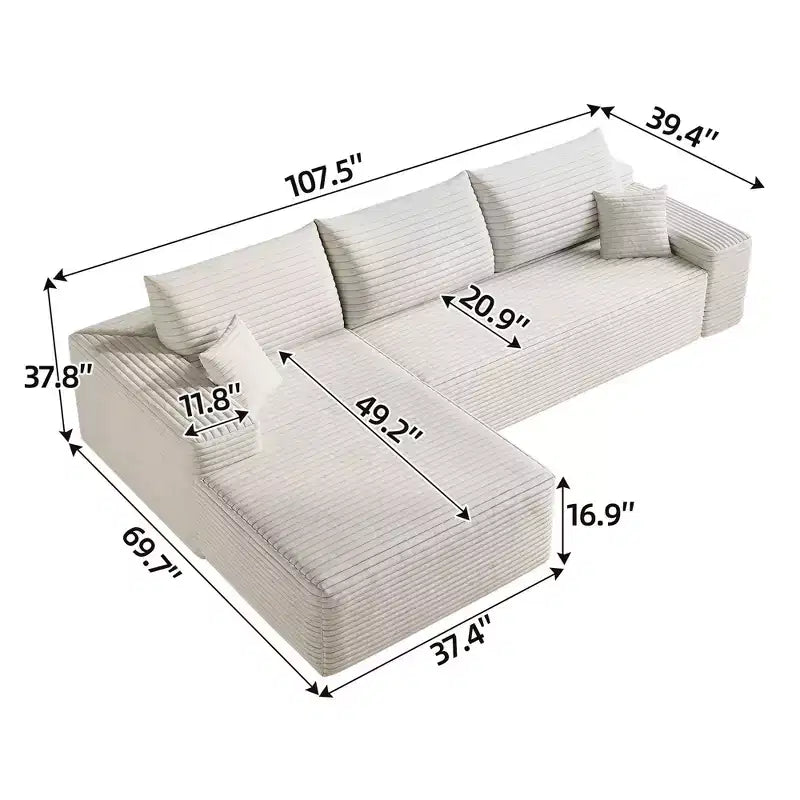 Divano componibile a nuvola da 107 pollici in tessuto di velluto a coste bianco, con chaise longue a L, divano modulare moderno con seduta profonda